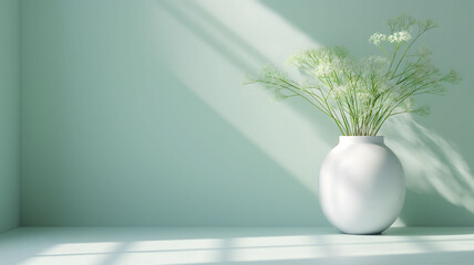 Plant in a white pot with sunlight shadows of window on a green background, Minimal room for text, copy space.