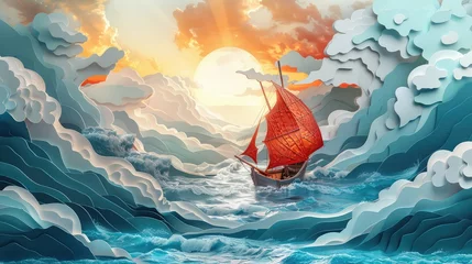 Crédence de cuisine en verre imprimé Chambre denfants paper cut art with a sail on the ocean