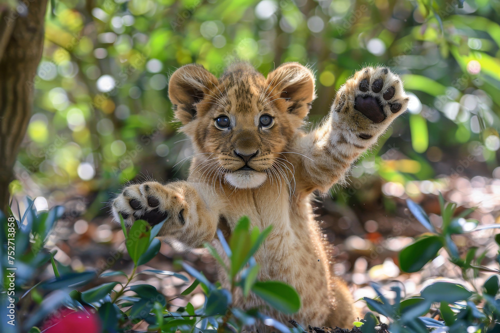 Wall mural A confident lion cub, mane unruly, lifts its front paws. Its eyes hold determination and courage