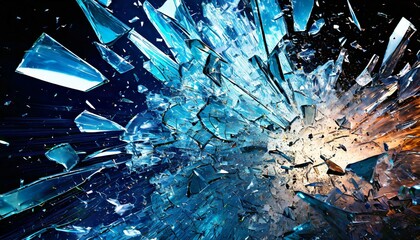 割れたガラス片　青　黒背景