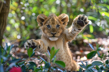 A confident lion cub, mane unruly, lifts its front paws. Its eyes hold determination and courage