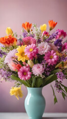 Colorful bouquet of fresh spring flowers in a blue vase against a soft pink background.