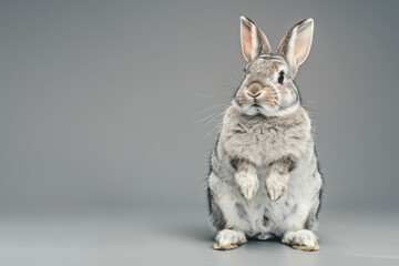 Obraz premium A curious rabbit, ears perked up, stands on its hind legs. Its fluffy tail adds a touch of whimsy