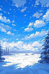 winter season with blue sky scenery background in pixel art style