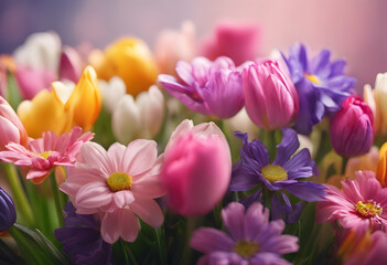 Obraz na płótnie Canvas Colorful spring flowers background with soft focus, featuring tulips and daisies in pink, purple, and yellow hues.