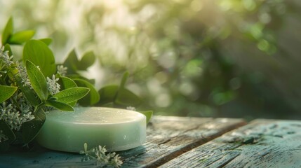 Obraz na płótnie Canvas Spa product: a round handmade herbal soap on the table, mint color soap, high-angle view, natural lighting, spa room environment, spa concept. Skin product mockup scene. Cosmetic product