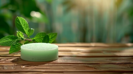 Spa product: a round handmade herbal soap on the table, mint color soap, high-angle view, natural lighting, spa room environment, spa concept. Skin product mockup scene. Cosmetic product