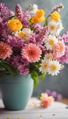 Colorful bouquet of fresh spring flowers in a vase on a wooden table.