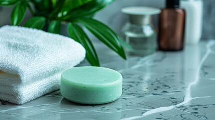Spa product: a round handmade herbal soap on the table, mint color soap, high-angle view, natural lighting, spa room environment, spa concept. Skin product mockup scene. Cosmetic product