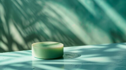 Spa product: a round handmade herbal soap on the table, mint color soap, high-angle view, natural lighting, spa room environment, spa concept. Skin product mockup scene. Cosmetic product