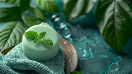 Spa product: a round handmade herbal soap on the table, mint color soap, high-angle view, natural lighting, spa room environment, spa concept. Skin product mockup scene. Cosmetic product