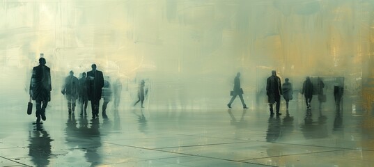 business team meetings, in the style of fleeting light contrasts, blurred abstract forms, dark teal and beige, interior scenes and reflections