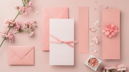 Flat lay of vintage gift box of Kraft eco paper with flower frame wreath on pink background, top view with copy space, generative ai