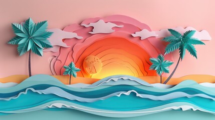 Fototapeta na wymiar colorful beach at sunset 3d paper art layered paper