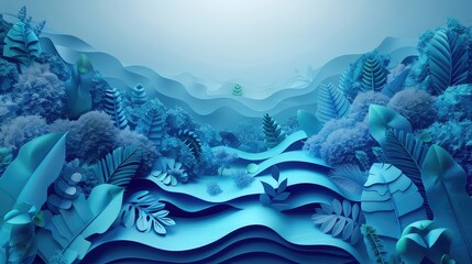 Fototapeta na wymiar 3d illustration, in the style of light indigo and dark cyan, relief sculpture, fisheye effects, paper sculptures, lush scenery, use of earth tones, shaped canvasa8