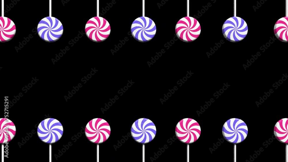 Poster spiral lollipop animation. lollipop on stick animation. striped twisted candy. move to the left and 