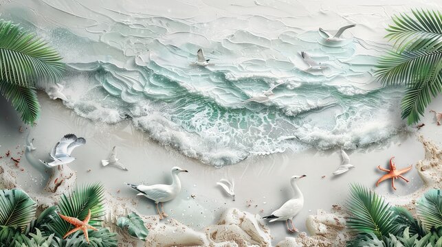 pastel paper style watercolor painting in the style of knolling photography of a white beach with palm trees, some seagulls and crabs and crashing waves