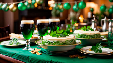 St. Patrick’s Day Festive Spread: Green and Gold Celebratio. - obrazy, fototapety, plakaty