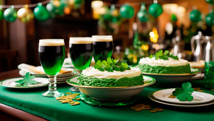 St. Patrick’s Day Festive Table: Green Delights and Golden Treats. - obrazy, fototapety, plakaty
