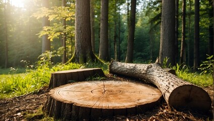 Empty natural product display podium in the forest . Product presentation ideas 