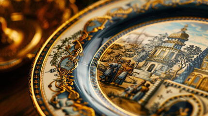 Fototapeta na wymiar A closeup of a decorative Hanukkah plate featuring images of the Hanukkah story and adorned with gold trim a perfect addition to any holiday feast.
