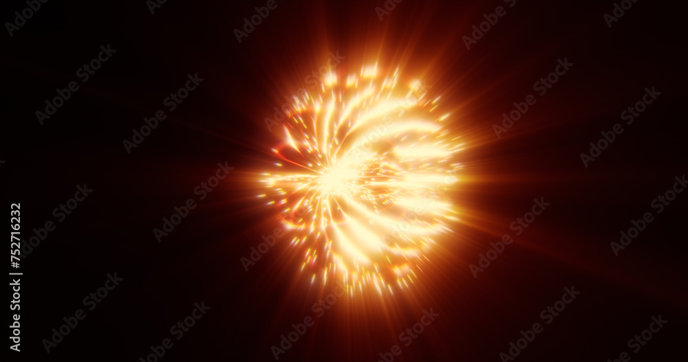 Poster abstract glowing looped light energy yellow orange round sphere atom from lines of wave dots and par