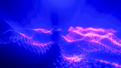 Purple energy magic digital high tech waves with light rays lines and energy particles. Abstract background