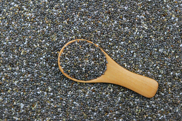 Chia seeds in a wooden spoon on a background of chia seeds