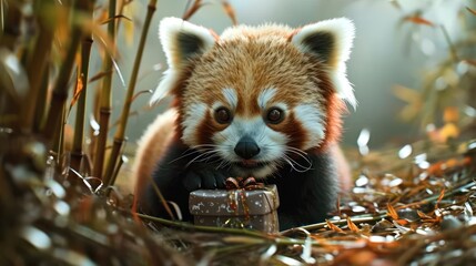 baby red panda receiving a birthday gift, set against the backdrop of bamboo shoots and a playful environment