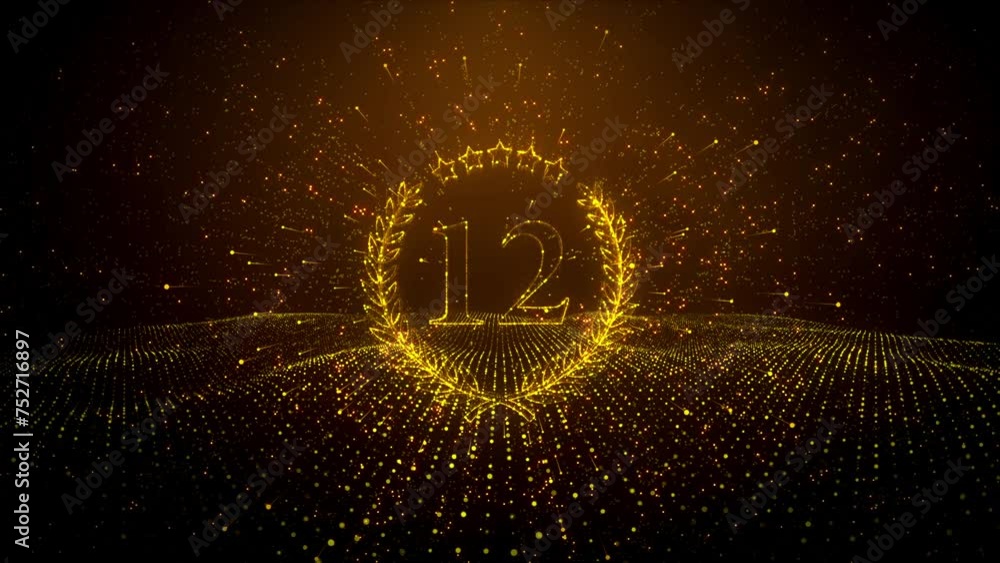 Poster abstract golden shiny number 12 laurel wreath label dotted lines wireframe particle space motion rev