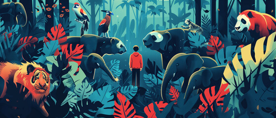 Human surrounded by wildlife in the jungle - illustration