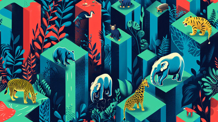Wildlife species surrounded by protective barriers, symbolizing the role of environmental - illustration seamless background