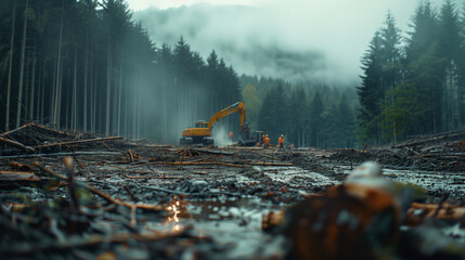 Excavator at work in the forest, a heavy machine digging with its shovel, surrounded by trees and...