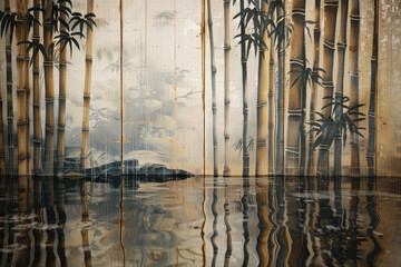 A four-panel screen with bamboo and a flowing stream. The water meanders through the grove, reflecting the sky.