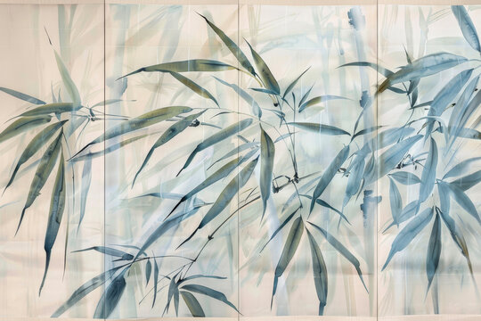 A four-panel screen with delicate bamboo leaves. Each leaf is meticulously painted, capturing its veins and subtle variations.
