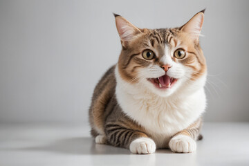 Happy cat sitting and open mouth smiling in gray background.
