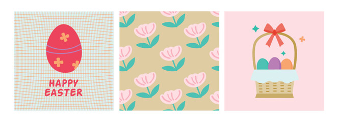 Set of Happy easter vector cards with easter eggs spring flowers and easter basket