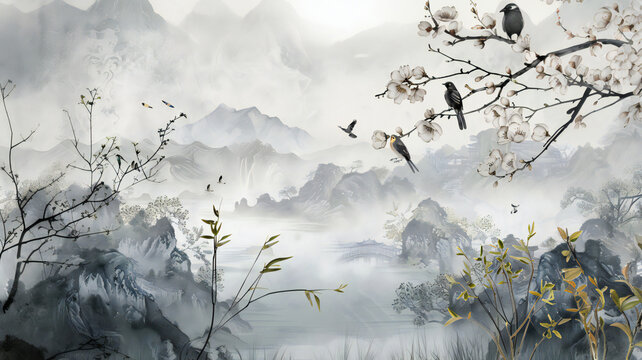 chinoiseries wallpaper with birds and nature, silver lanscape watercolour	
