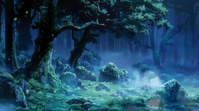 A misty forest with ancient, towering trees and moss-covered rocks at night. Fantasy landscape anime or cartoon style, looping 4k video animation background