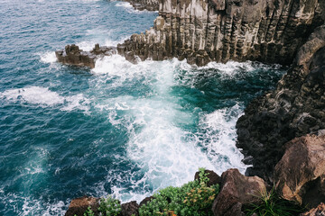 Jusangjeolli cliffs with basalt columns details, Jeju island, South Korea.
