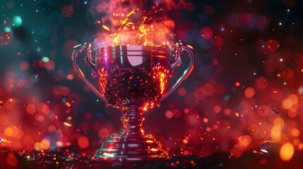 A closeup of a trophy adorned with sleek and modern designs awaiting to be claimed by the ultimate winner of the Virtual Gaming Olympiad.