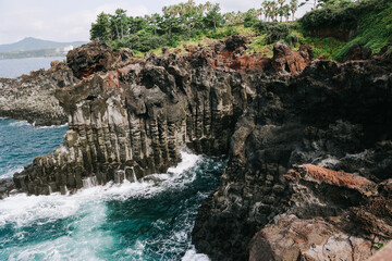 Jusangjeolli cliffs with basalt columns details, Jeju island, South Korea.