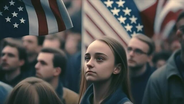 Woman turns into a grandmother in a crowd of people at a rally, a march with flags. The transience of time. The rapid aging. A single moment. Memorial Day. Independence Day in America. July 4th