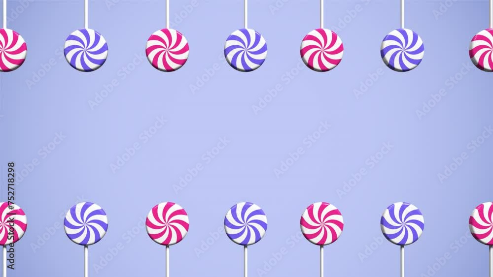 Poster spiral lollipop animation. lollipop on stick animation. striped twisted candy. move to the left and 