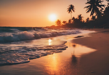 Fototapeta na wymiar Tropical beach sunset with waves and palm tree silhouettes.