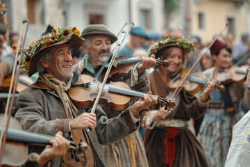A group of people dancing and playing music in a harvest festival