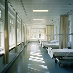 A modern hospital ward with beds and a doctor, a spacious bright room with windows from which light flows, AI Generative