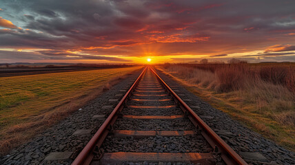 A stunning sunset vista unfolds over a serene railway, embodying the quiet before the AI Generative.