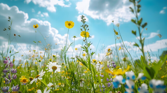 Beautiful field meadow flowers chamomile, blue wild peas in morning against blue sky with clouds, nature landscape, close-up ,