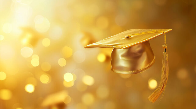 Golden graduation cap soaring against a bokeh light background, symbolizing achievement and success AI Generative.